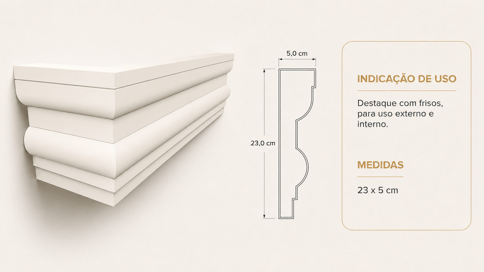 Perfil de moldura decorativa em EPS com medidas de 23 por 5 centímetros