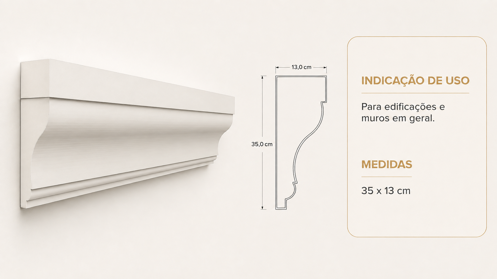 Perfil de moldura decorativa em EPS com medidas de 35 por 13 centímetros