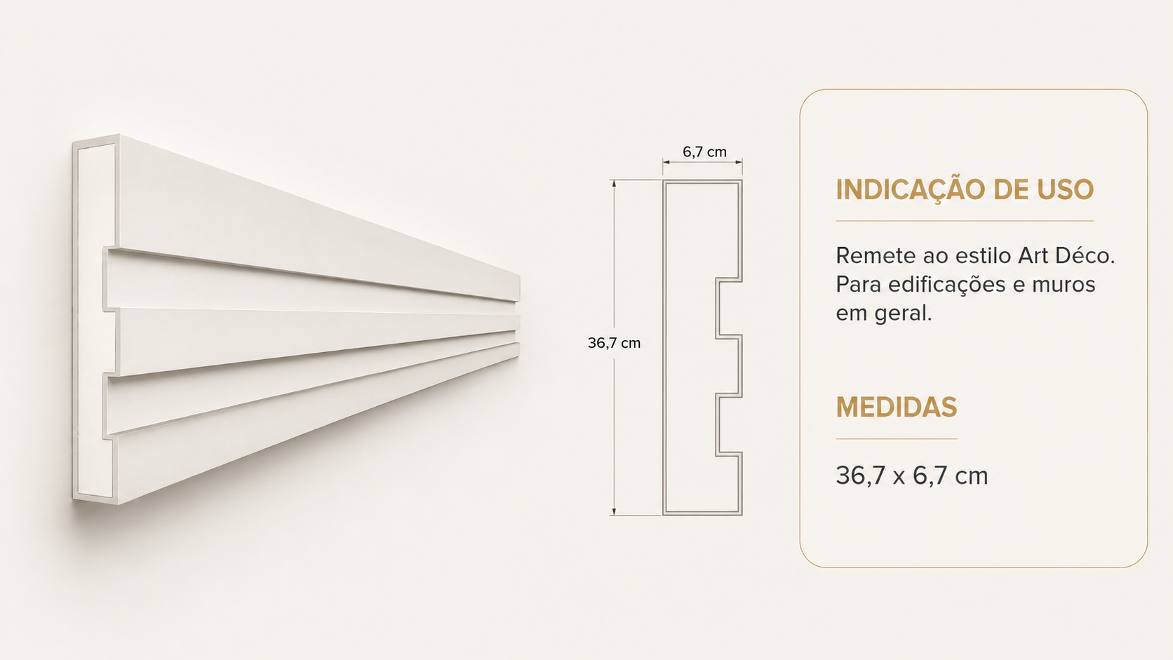 Perfil de moldura decorativa em EPS com medidas de 36,7 por 6,7 centímetros